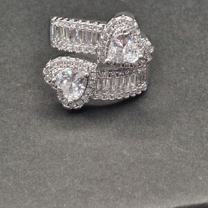 Sterling Silver Heart Bypass Ring with Clear Stones